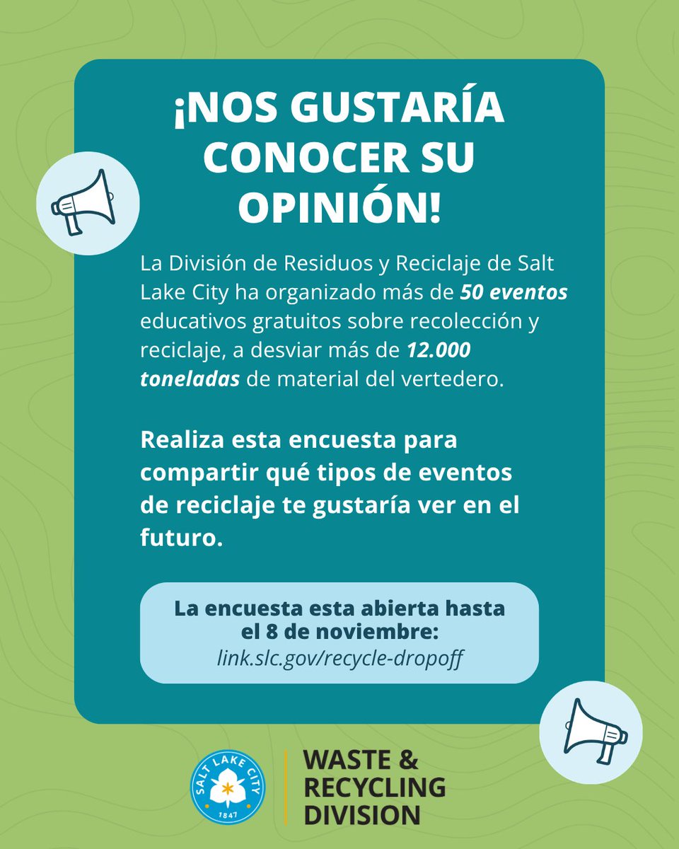 SLCgreen's tweet photo. Salt Lake City’s Waste &amp; Recycling Division needs your help! Take this short survey to tell us what kinds of recycling events you'd like to see in the future. Check out: https://t.co/XW4tw4s0sx. Survey open now until November 8th! https://t.co/yckd1xsvfX