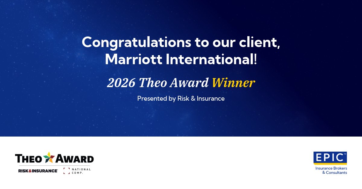 EPIC_Insurance's tweet photo. Congratulations to our client, @MarriottIntl, on being named a 2026 Theo Award winner by @RiskInsurance! We look forward to watching the Marriott team accept their award and celebrate this achievement at @National_Comp. 
 
#TheoAwards #RiskManagement #WorkersCompensation https://t.co/f5tnpHRTMi
