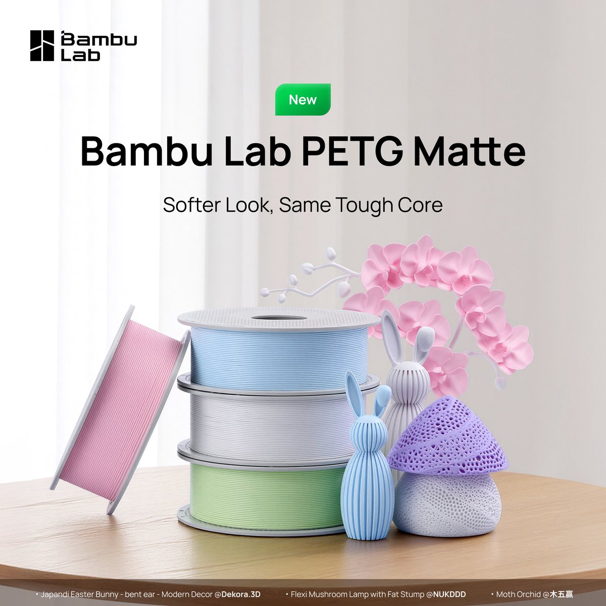 BambulabGlobal's tweet photo. The PETG family just got a new member. 💚

Meet PETG Matte - Softer look, PETG-tough

8 vibrant colors. Pick yours
https://t.co/FaPxjHPycL https://t.co/4bgBHQZiR2