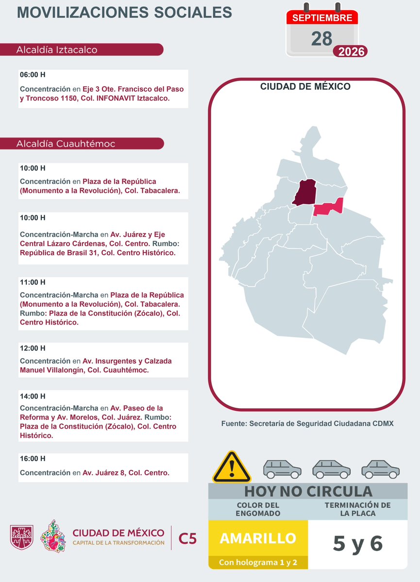 C5_CDMX's tweet photo. ⚠️🗓️ #ENTÉRATE | Para hoy, 28 de septiembre 2026, estas son las movilizaciones sociales previstas en la Ciudad de México. 

#MovilidadCDMX #C5OjosDeLaCDMX  #C5CorazónDeLaCDMX #OjosDeLaCiudad https://t.co/q86mZCFeXW