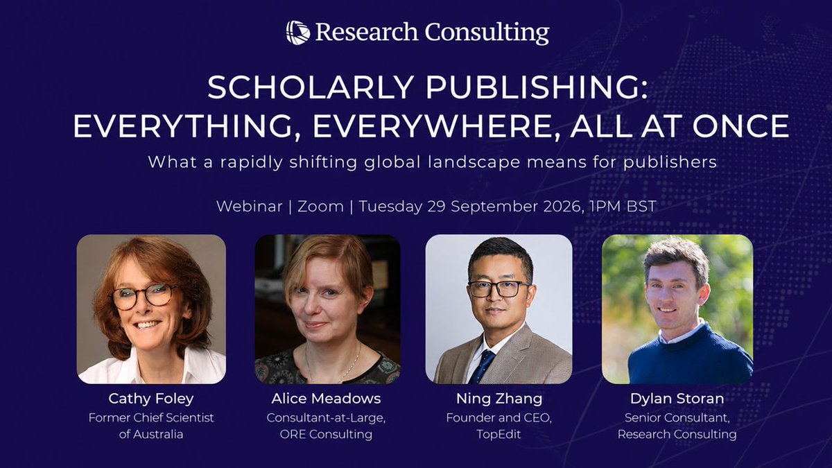 rschconsulting's tweet photo. Join us tomorrow at 1.00pm BST (08:00 EDT / 20:00 China / 22:00 Sydney) for Scholarly Publishing: Everything, Everywhere, All at Once. @DrCathyFoley, @alicejmeadows and Ning Zhang join Dylan Storan to ask whether publishers can plan globally when policy, funding and publishing infrastructure are moving in different directions around the world.

Can't make it live? Register anyway and we'll send you the recording.

Register here: 👉 https://t.co/7TajdYWOGV
