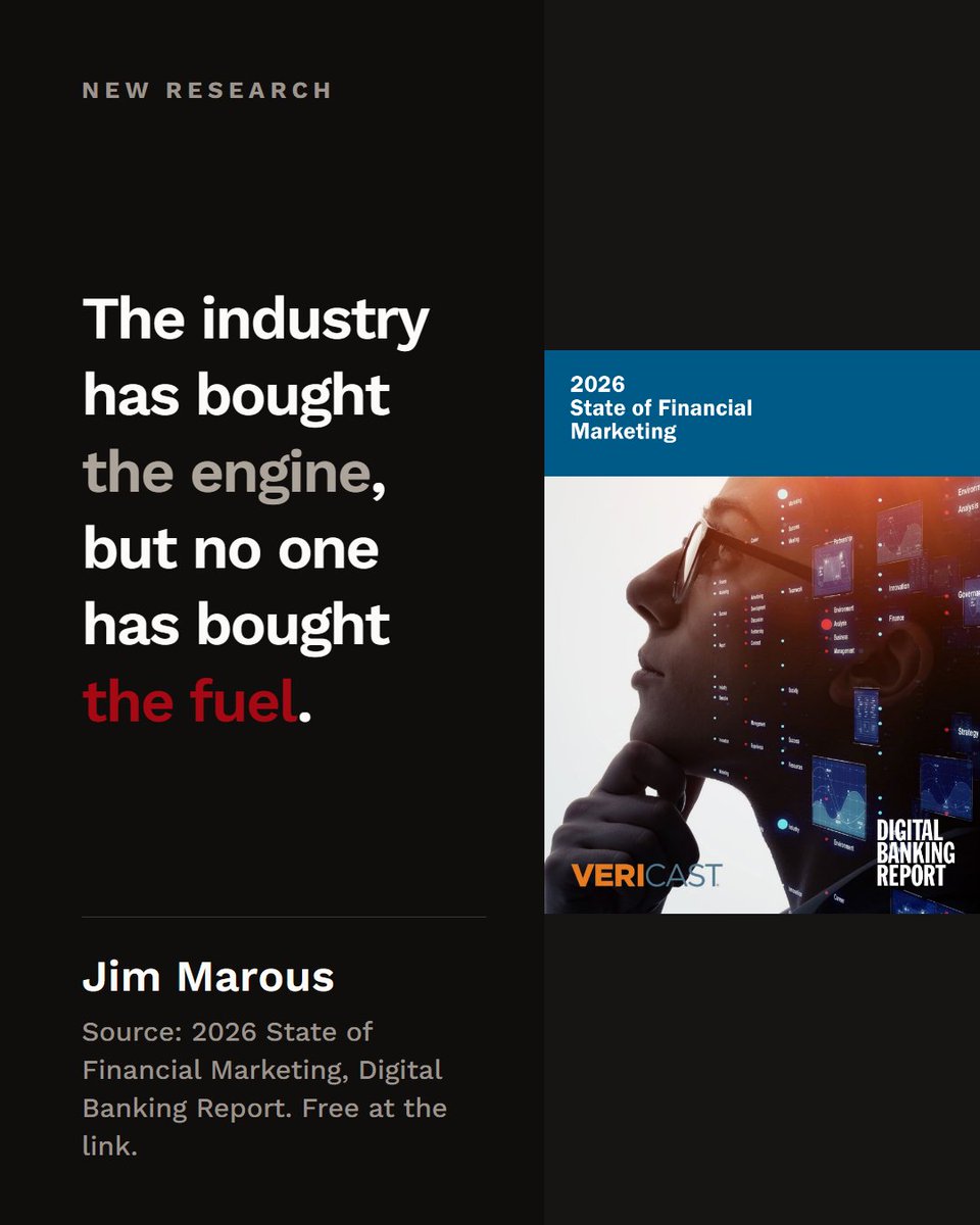 JimMarous's tweet photo. Generative AI is operational or better in marketing at 52% of the financial institutions in our new research, and 44% are increasing their spending on it in 2026.

Not one of them describes its customer data as real-time and AI-ready.

That is the report in two sentences. We have funded the layer that produces marketing and held flat the layer that decides who should receive it, when it should arrive, and whether it worked.

The industry has bought the engine, but no one has bought the fuel.

I have watched this industry meet every major technology shift the same way. Credit cards, ATMs, online banking, mobile, and digital account opening. Each arrived with a promise, each drew a rush of spending, and in each case the institutions that got paid were the ones doing the unglamorous work underneath, while everyone else bought the visible part.

Marketing is now experiencing that moment with artificial intelligence, and the visible part is content production.

That gap is the organizing finding of the 2026 State of Financial Marketing, produced by the Digital Banking Report and sponsored by Vericast. Over the next few weeks I will share what we found, from personalization to measurement to the operating model.

Download for free: https://t.co/sD6Jd1fSUH