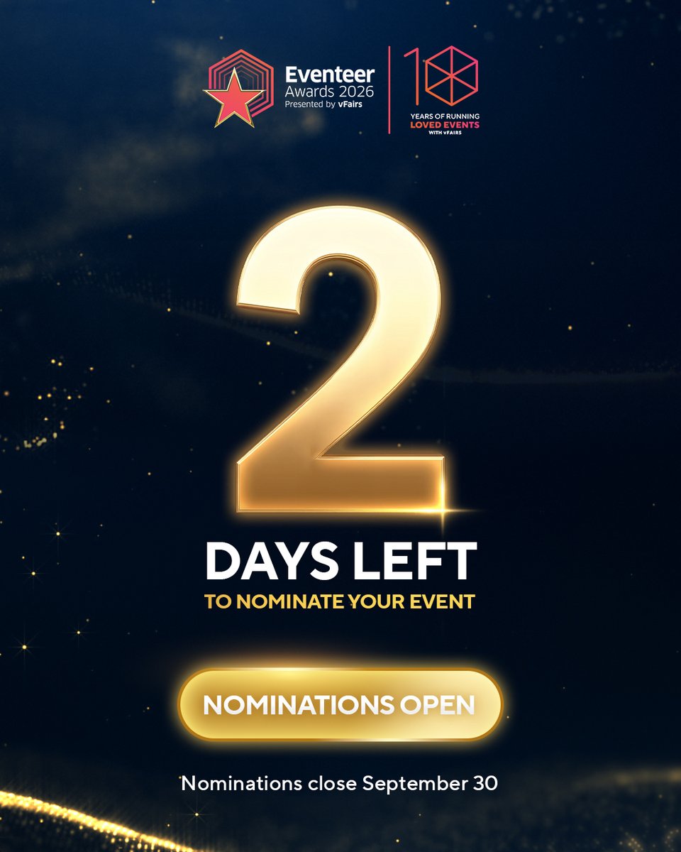 vfairs's tweet photo. Two days left to nominate your event for the Eventeer Awards. Free, takes a few minutes, up to 3 categories. Closes Sep 30.

https://t.co/nFl3wGSkbC

#EventeerAwards2026 https://t.co/r74XvHEVpm