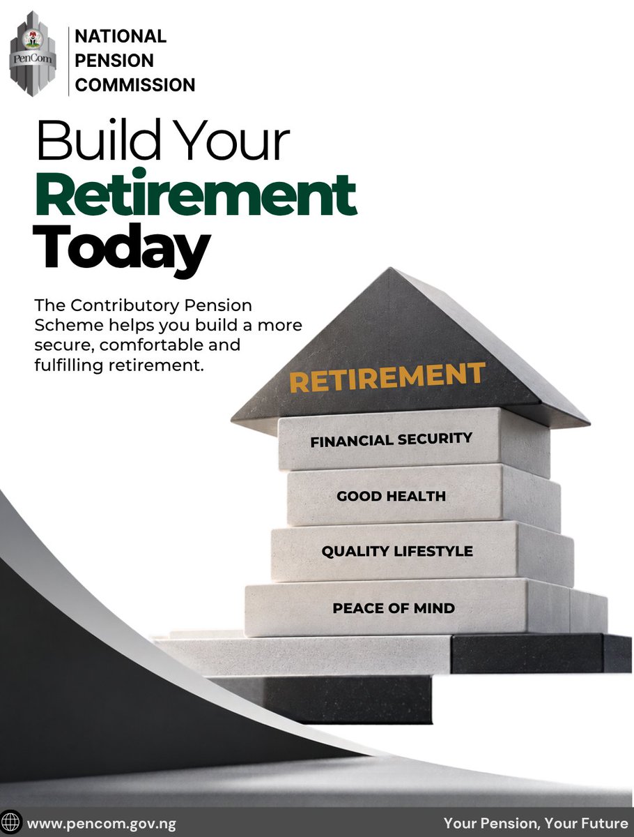 PenComNig's tweet photo. Monday Motivation

 A secure and fulfilling retirement begins with the steps you take today. Through the Contributory Pension Scheme (CPS), every contribution brings you closer to a future filled with financial security, peace of mind, and a comfortable retirement.

Start today. Save consistently. Build a future you can look forward to.

Your Pension, Your Future!

#MondayMotivation #PenCom #YourPensionYourFuture