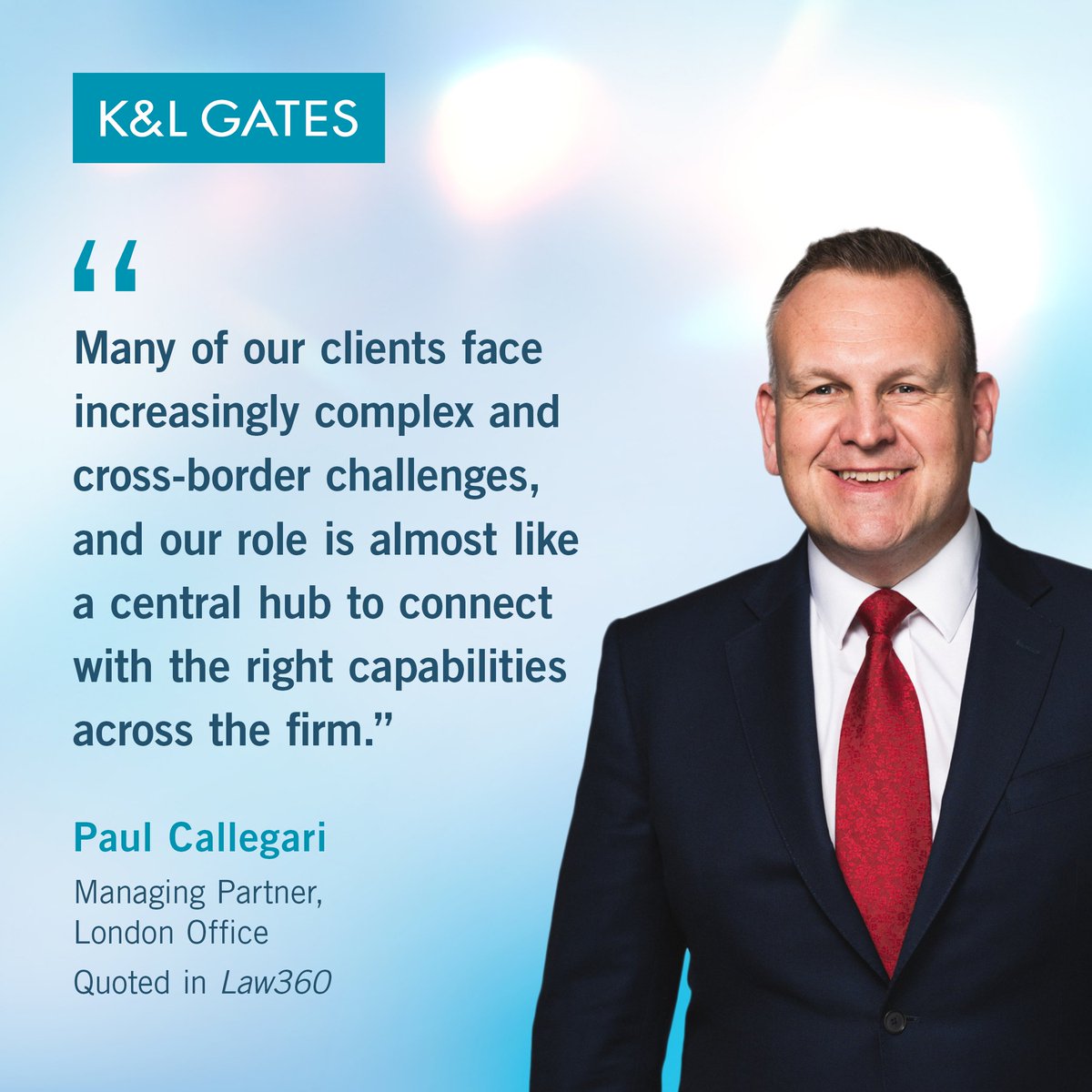 KLGates's tweet photo. In a recent interview with Law360, London managing partner Paul Callegari shared insights on the firm's growth strategy and commitment to expanding its capabilities in the region. 

Read more: https://t.co/DcKuYS6MIO https://t.co/SL895S30f3