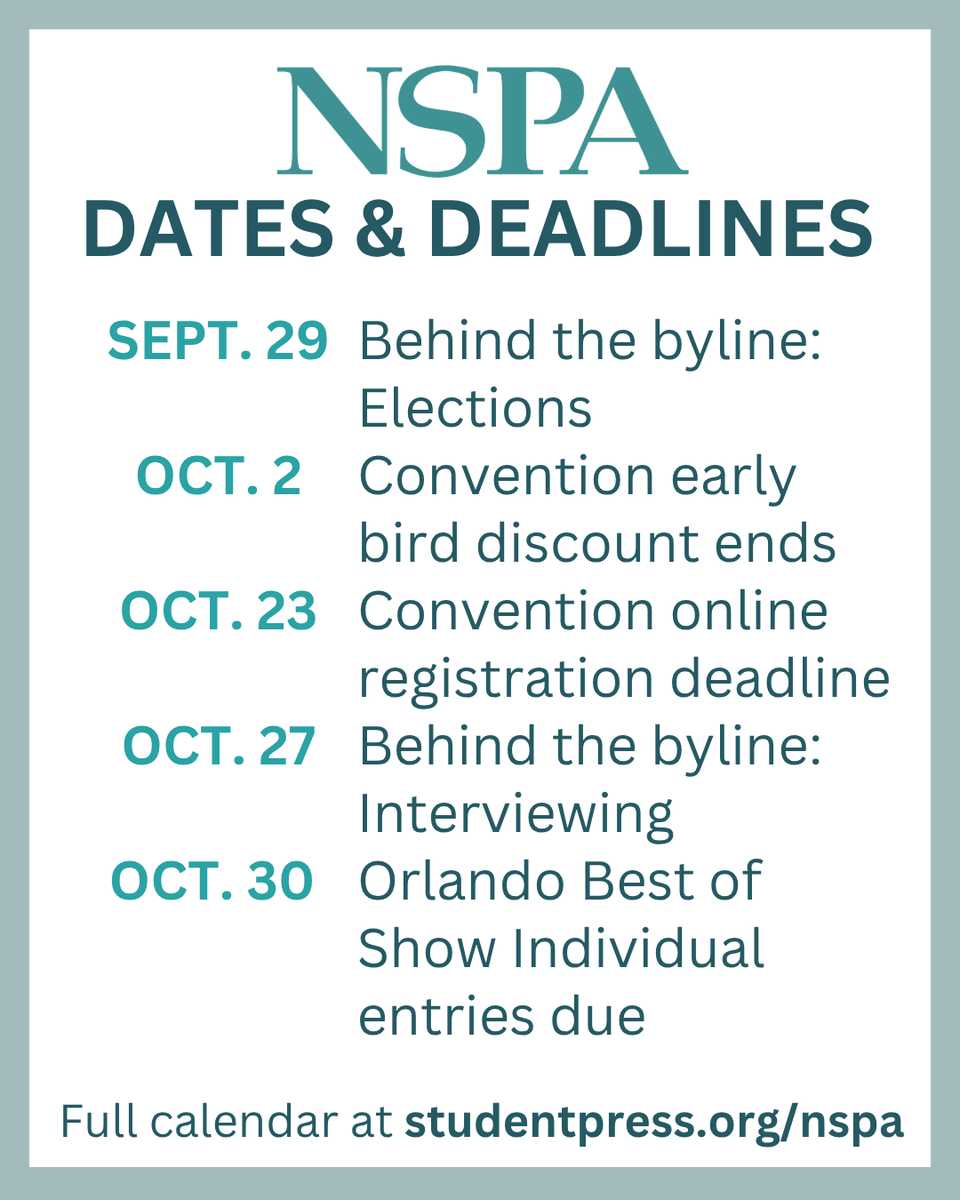 NSPA's tweet photo. The school year is underway and NSPA deadlines are set. Add these upcoming deadlines to your calendar today!

See the full calendar: https://t.co/GFmkSyMACb https://t.co/Uu9dbU8iYv