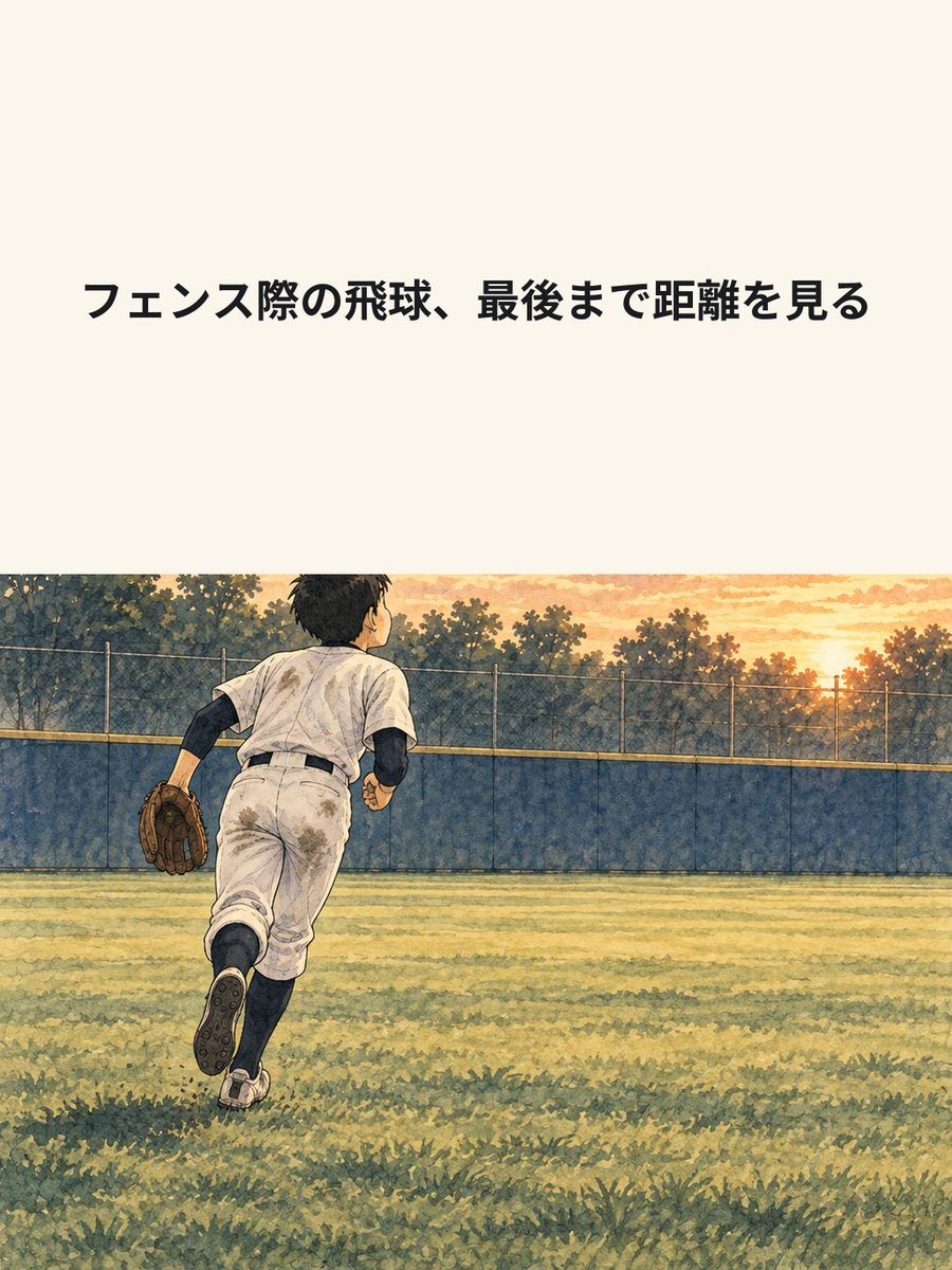 yakyulog_ja's tweet photo. 外野へ伸びた飛球。ボールを追いながら背中側のフェンスも確かめ、最後の数歩で減速して捕球位置を選ぶ。距離まで振り返る場面を描きました。

#少年野球 #草野球 https://t.co/YIEvIyAj70