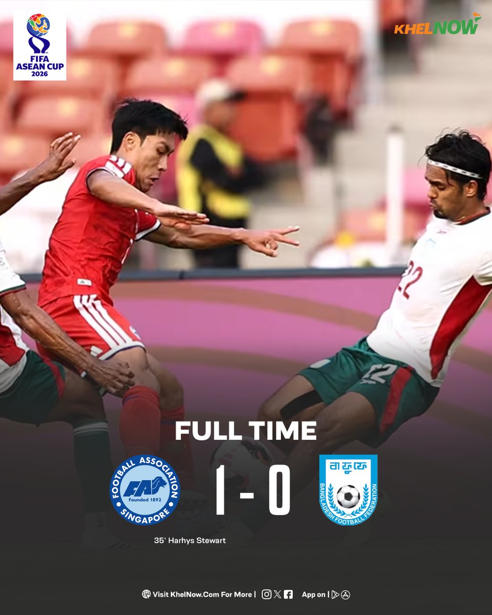 KhelNow's tweet photo. Full-time | Singapore 1-0 Bangladesh
Harhys Stewartโs 35th-minute strike seals a win for Singapore, as Bangladesh suffer their second defeat in their second game at the FIFA ASEAN Cup 2026.
#FIFASEANCup https://t.co/MOby1ZBMoX