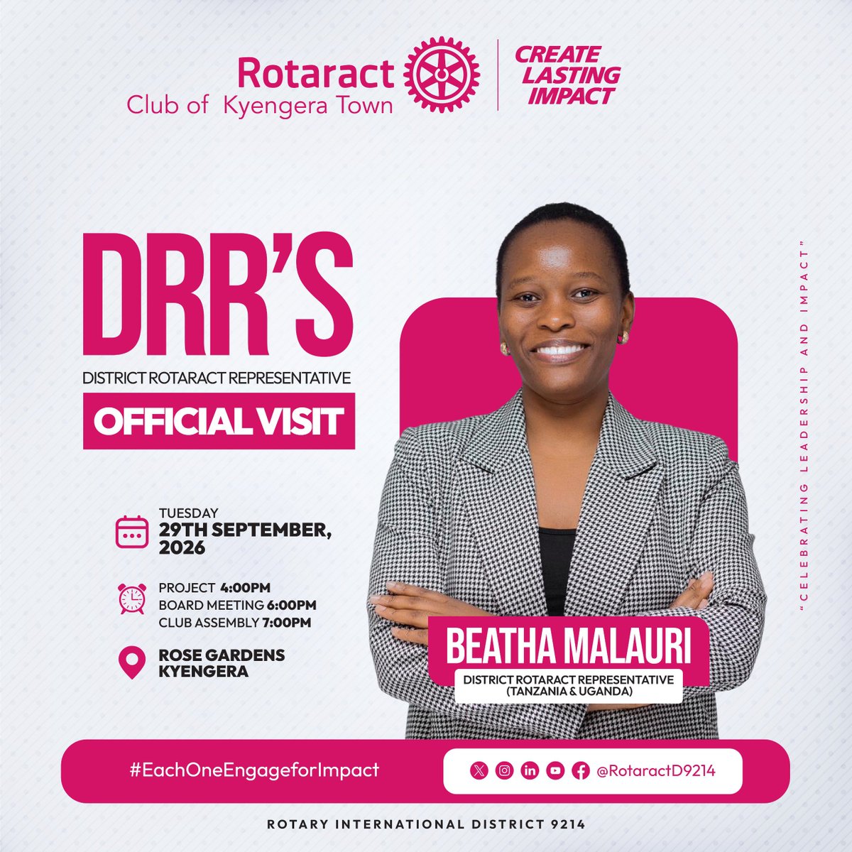 RacKyengeraTown's tweet photo. ARE YOU READY? 

We’re welcoming DRR Beatha Malauri 🇹🇿🇺🇬 for her Official Visit! 

A day of leadership, connection, service, engagement &amp; IMPACT! 

📍 Rose Gardens, Kyengera
📅 29th September 2026
⏰ 4PM • 6PM • 7PM

When Rotaractors come together, IMPACT happens! 🔥 https://t.co/lOTz5FTZ6I