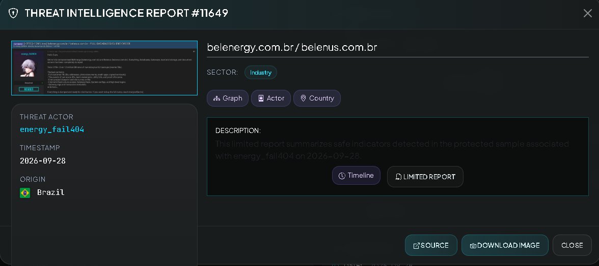 VECERTRadar's tweet photo. ⚠️ PREVENTIVE ALERT 🇧🇷 ⚡: ALLEGED COMPROMISE OF 3 TB AND 12 MILLION RECORDS FROM BELENERGY AND BELENUS (ACTOR: ENERGY_FAIL404)

[STATUS: UNCONFIRMED; EVIDENCE VISIBLE BUT NOT VERIFIED / THREAT ACTOR: ENERGY_FAIL404 / DATE: SEPTEMBER 28, 2026]

The centralized cyber-intelligence monitoring system has detected a high-severity post on underground forums, made on September 28, 2026, by the user energy_fail404. The actor announces the alleged total compromise and massive data extraction from the systems of BelEnergy (belenergy. https://t.co/Hf76b3Qxau) and Belenus (belenus. https://t.co/Hf76b3Qxau), leading companies in the solar and energy distribution sectors in Brazil. However, this has not been confirmed.

It is strictly noted that the veracity of this compromise and the actual scope of the exfiltration have not been officially confirmed by the affected companies. The definitive status of the infrastructure remains unconfirmed.

Threat Actor: energy_fail404

Victim / Affected Entity: BelEnergy and Belenus

Sector: ⚡ Solar Energy, Electrical Infrastructure, and Wholesale Trade.

Country: Brazil 🇧🇷.

Claimed Data Volume:

3 Terabytes (3 TB+) of total storage, including full backups.

12 million database records containing raw data. 🔍 TECHNICAL BREAKDOWN OF EXFILTRATION AND EXPOSED SAMPLES

According to information published by the threat actor on the forum, the exfiltrated data package comprises:

Sensitive Personal Data (PII):

Comprehensive customer information, including identity documents (IDs), residential addresses, credit applications, and signed contracts.

Scanned Documentation and Financial Records:

Thousands of scanned original documents: identity documents, bank statements, utility bills, and proof of income.

Engineering Projects and Blueprints:

Detailed plans for photovoltaic projects and site surveys.

Internal Infrastructure and Credentials:

Payment gateway keys, internal system configurations, high-level access credentials, gateway logs, and transaction metadata.

Proof Samples:

The actor provided external links to download database samples (`raw_data_database`) and photo packages of identity documents (`photo_document`) via temporary hosting platforms (Gofile and Temp .sh).

🛡️ TECHNICAL PREVENTIVE AND CONTAINMENT RECOMMENDATIONS (SOC / CSIRT / ENERGY SECTOR)

Forensic Audit and Access Revocation: BelEnergy and Belenus technology teams must immediately revoke all compromised internal access credentials, gateway keys, and API tokens.

Document Server Isolation: Review document storage servers and databases to identify the intrusion vector and ensure no persistent access points (backdoors) remain. 

🖥️ CENTRALIZED THREAT MONITORING SYSTEM

Intelligence System: https://t.co/wk9bZJ2Nli

Quickly check your security at: https://t.co/QZhWp0kFrO

Quotes and services: https://t.co/sx3BM5zbnK

#Cybersecurity #ThreatIntel #DataLeak #BelEnergy #Belenus #SolarEnergy #Brazil #InfoSec #CyberAlert #VECERT #SOC #CSIRT #Unconfirmed #SecurityAlert