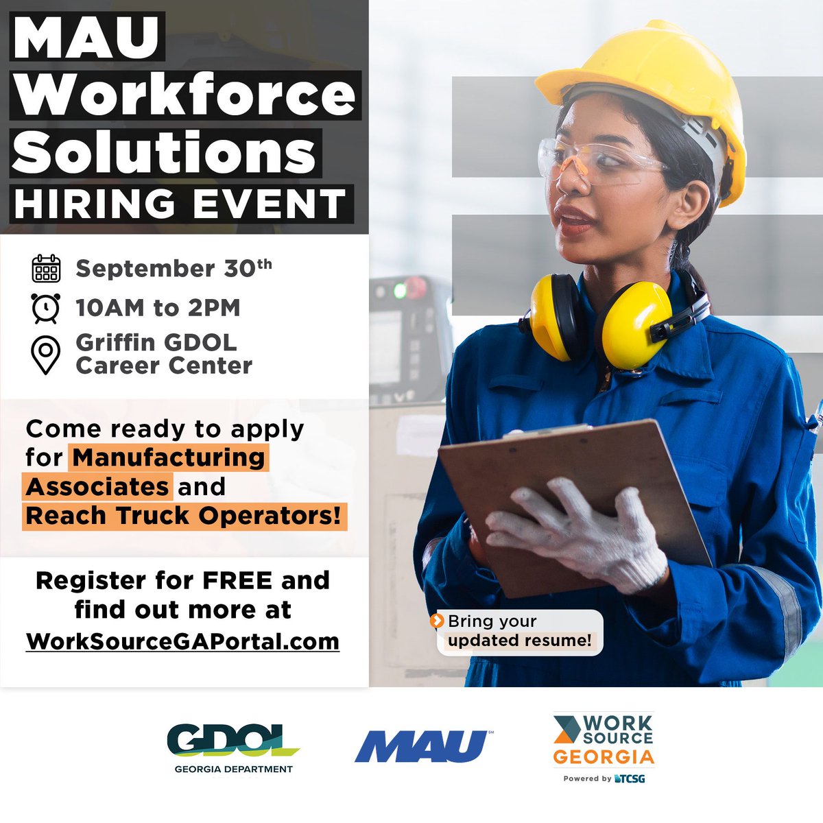 WorkSourceGA's tweet photo. MAU Workforce Solutions wants YOU to apply for Manufacturing Associate and Reach Truck Operator positions!
Griffin GDOL Career Ctr
Sept. 30 | 10AM to 2PM 

Visit https://t.co/aLbfmMpF6z to register for FREE and find out more!

#hiringevent #griffinjobs #manufacturingjobs https://t.co/G666yOTFQS