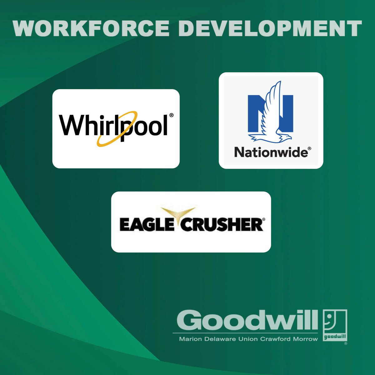 MarionGoodwill's tweet photo. 💚 Workforce Development Month is also about the employers who help create opportunities! Thank you to Whirlpool, Nationwide and Eagle Crusher for partnering with Goodwill and supporting workforce development in our communities.

#WorkforceDevelopmentMonth #GoodHappensHere https://t.co/H7nFV1q0Pj