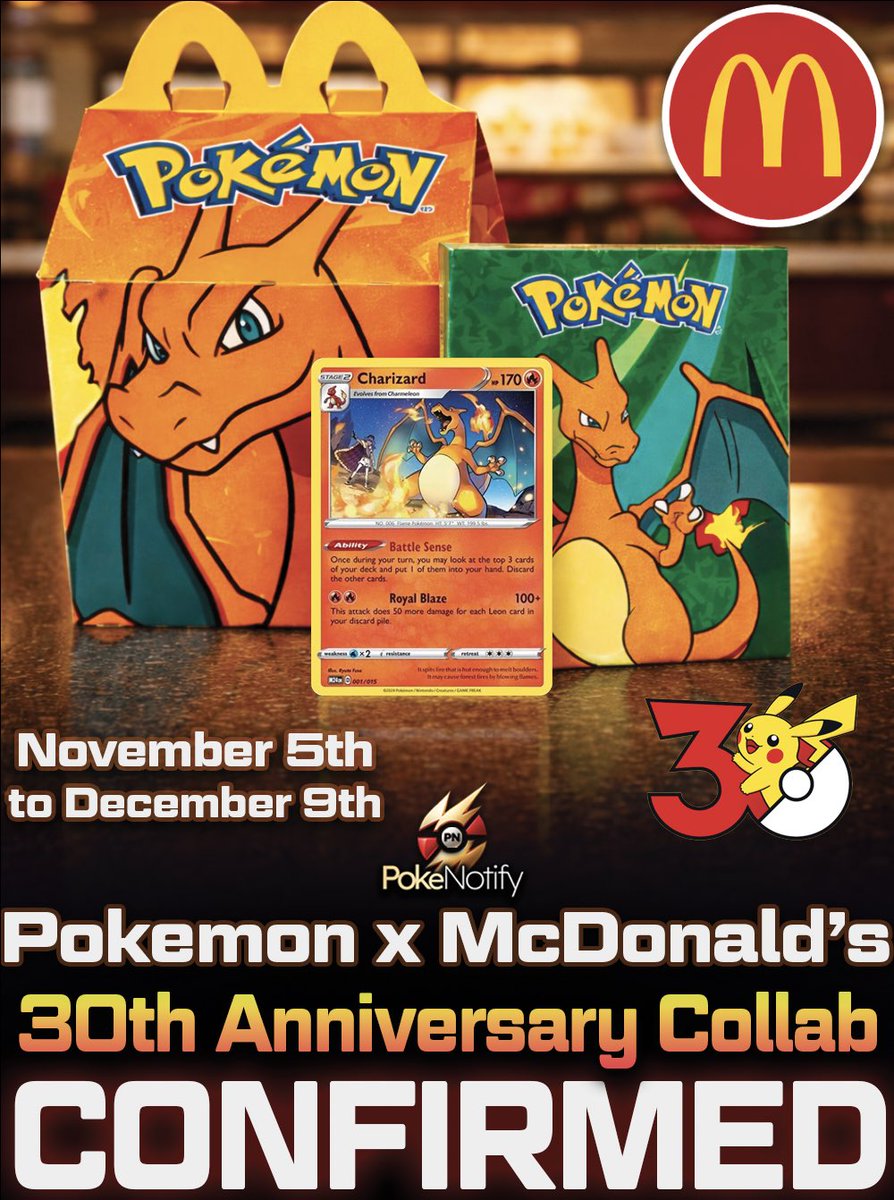 PokeNotifyX's tweet photo. 🚨 YOUR NEXT POKÉMON PACK MIGHT COME WITH FRIES 🍟⚡️ McDonald’s Pokémon Happy Meals are confirmed returning this November for Pokémon’s 30th anniversary… & suddenly we all know what scalpers want for lunch 👀

🇺🇸 Expected U.S. dates: November 5–December 9
🎴 A 4-card booster in each Happy Meal
✨ 1 holo + 3 non-holo cards per pack
🔥 15 cards to collect, including 6 confetti holos
🎁 A choice of a Pokémon toy or Pokémon Essential Handbook

The actual Pokémon featured haven’t been revealed yet, and details are subject to change but the Happy Meal nostalgia is already hitting. 🥹

Which Pokémon NEEDS a card in this set? 👇 Send this to your future McDonald’s passenger 😂🍟

📲 Follow @PokeNotifyX for updates and download our app through the link in our bio!

#Pokemon #PokemonTCG #McDonalds #HappyMeal #Pokemon30 #PokemonCards