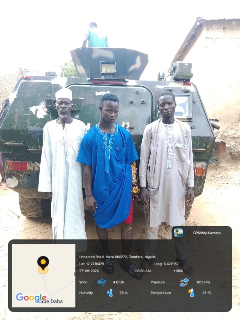 DaChE46's tweet photo. Troops foil kidnapping attempts, rescue 10 victims in Zamfara

By: Zagazola Makama

Troops of Sector 2, Operation FANSAN YAMMA, have foiled two separate kidnapping attempts and rescued 10 victims during ongoing clearance operations aimed at disrupting bandit activities and restoring security in parts of Zamfara State.

Security sources told Zagazola Makama that the operations were conducted on Sept. 27, 2026, along the Tsafe–Funtua Road and at Kade Daba village in Kanoma District of Maru Local Government Area.

In the first incident, troops deployed along the Tsafe–Funtua Road responded to reports of gunfire around the Kwanoni axis in Tsafe LGA.

The troops moved swiftly towards the area and encountered armed bandits, who engaged them in a brief exchange of fire before being overwhelmed by the troops’ superior firepower.

The bandits subsequently abandoned their operation and fled into the surrounding terrain.

Before the arrival of the troops, the assailants had set fire to a commercial vehicle. The occupants were, however, successfully evacuated, while troops secured the vehicle and prevented further damage.

Six persons in another vehicle that reportedly lost control during the attack were also safely rescued by the troops.

The troops subsequently secured the highway and cleared the affected section to facilitate the safe movement of motorists.

In a separate intelligence-driven operation, troops responded to information about an abduction at Kade Daba village in Kanoma District, Maru LGA.

The troops immediately deployed to the area and engaged the kidnappers, forcing them to abandon their captives and flee.

Three victims were rescued at the scene, while a follow-up search operation in the surrounding area led to the recovery of one additional victim.

This brought the total number of victims rescued during the second operation to four.

In all, 10 persons were rescued from the two separate kidnapping attempts.

The rescued victims are currently receiving necessary care and assessment before being reunited with their families.

The operations underscore the continued efforts by troops of Operation FANSAN YAMMA to maintain pressure on armed groups operating along major highways and rural communities in the North-West, while improving the safety of civilians and road users.