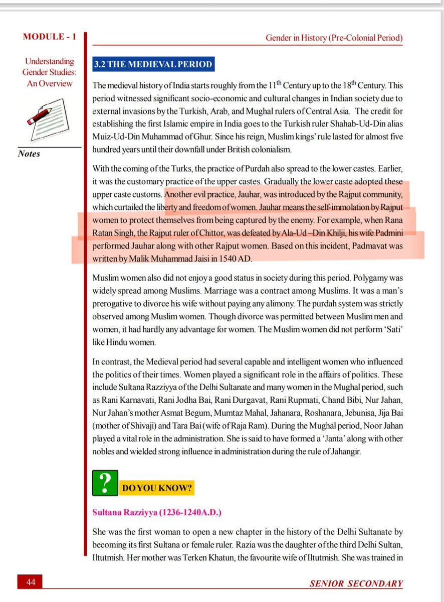 neha_laldas's tweet photo. You blamed Swara Bhaskar on her statement on Jauhar.
But exactly same statement is in our textbooks👇

P.44 NIOS Gender Studies Textbook for Senior Secondary students says:
"Jauhar was an evil practice. It was introduced by Rajput community, which curtailed the liberty & freedom of women."
