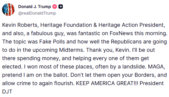 GuntherEagleman's tweet photo. 🚨 TRUMP JUST DROPPED THE HAMMER 

Heritage’s Kevin Roberts DESTROYED the Fake Polls on Fox this morning.

GOP is about to CRUSH the midterms.

Trump: I’ll spend the money. I’ll help elect every one of them.

“I won most of these places by a LANDSLIDE.”

MAGA... pretend I’m on the ballot.

Don’t open the Borders. Don’t let crime come roaring back.

KEEP AMERICA GREAT!!!