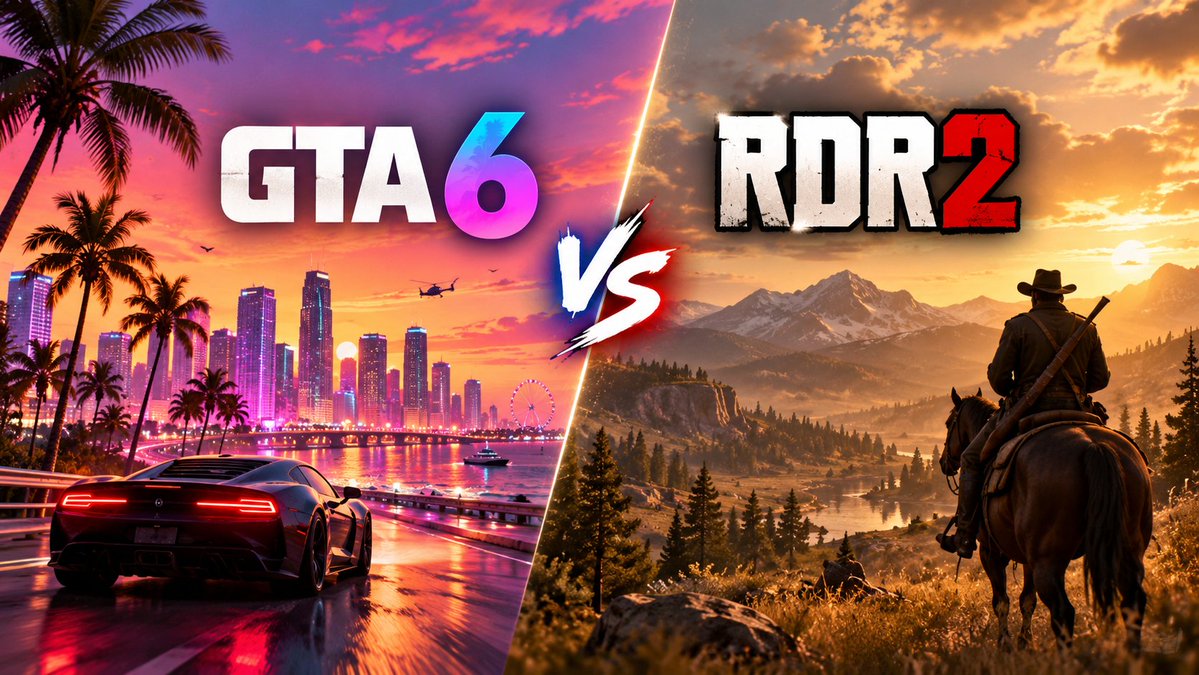 GTAVISPOT's tweet photo. 🔥 GTA 6 vs RDR2

Modern Vice City 🌴 vs the Wild West 🤠
Graphics, gameplay, open world, characters &amp; more — see how these two Rockstar giants compare.
👉 https://t.co/4kngvQb2Gr

#GTA6 #RDR2 #RockstarGames https://t.co/mQ6hCcuJAW