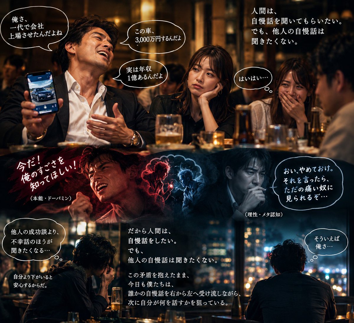 Beginneroosaka's tweet photo. 人間は、自慢話を聞いてもらいたい。

でも、他人の自慢話は聞きたくない。

この妙な矛盾を、ほとんどの人が抱えている。

「俺、一代で会社を上場させたんだよ」
「実は年収1億あるんだよ」
「この車、○千万円するんだよ」

本人が語り始めた瞬間、なぜか価値が下がる。

本当に凄い人ほど、自分から言わない。
むしろ、本人がいないところで「あの人、実は凄いんですよ」と聞かされたときのほうが、何倍もカッコいい。

頭では、それが分かっている。

それでも我慢できない。

「俺は凄い」と言いたい。
「こんなに頑張った」と認めてほしい。
「俺を見ろ」と言いたい。

そして他人の自慢話���聞くと、
「はいはい、凄いですね」
と心の中で思う。

人間は滑稽だ。

自分の自慢話には、誰よりも熱心なのに、
他人の自慢話には、驚くほど冷たい。

だから人が本当に聞きたいのは、成功談より失敗談だったりする。

「あの会社、実は倒産寸前だった」
「昔、借金まみれだった」
「人生で一番恥ずかしかった話なんだけど……」

こういう話には、なぜか耳を傾ける。

他人の不幸を聞いて安心する。

自分より下がいると確認して、ようやく心が落ち着く。

自慢したい本能と、
自慢している自分を見られたくない理性。

その二人が、今日も頭の中で殴り合っている。

そして理性が負けた瞬間、

「そういえば俺さ……」

が始まる。

人間、本当に面白い。

https://t.co/aM2JiuVkWl