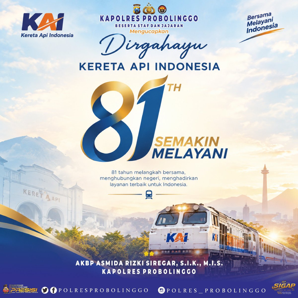 SektorKrucil's tweet photo. DIRGAHAYU KE-81 KERETA API INDONESIA

Kapolres Probolinggo AKBP Asmida Rizki Siregar, S.I.K., M.I.S., beserta staf dan jajaran mengucapkan:
Selamat Hari Ulang Tahun ke-81 Kereta Api Indonesia.🎉
#PolriPresisi #PolresProbolinggo #PolriUntukMasyarakat #HUTKAI81 #KeretaApiIndonesia https://t.co/epT9pRWQIG