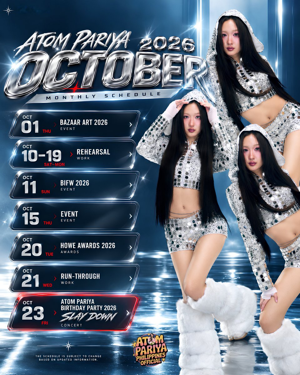 atompariya_ph's tweet photo. 🗓️ ATOM PARIYA - OCTOBER 2026 SCHEDULE

⚠️ The schedule is subject to change based on updated information.

#AtomPariya #อะตอมปริยะ
#FabelEntertainment https://t.co/ThQiOQPcs7