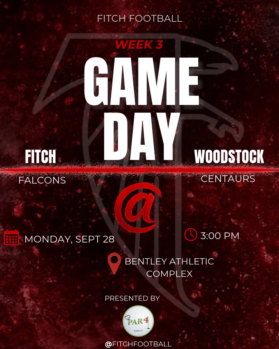 football_fitch's tweet photo. ITโS GAME DAY!
The Falcons are headed to Woodstock to take on the Centaurs in our rescheduled Week 3 matchup.
๐ Bentley Athletic Complex
๐ Today, Monday, September 28 at 3:00 PM
Todayโs game is presented by Par Four.
#CTHSFB #Timeisnow https://t.co/sncYYgSGQ2