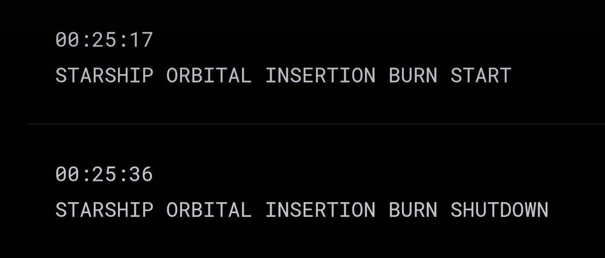 StarshipGazer's tweet photo. The key moment to listen for during today's flight will be the Go or No Go call for Starship Orbital Insertion Burn. The burn is scheduled to occur 25 minutes 17 seconds after launch so the decision should be announced shortly before then. https://t.co/H8NdJxgPKQ