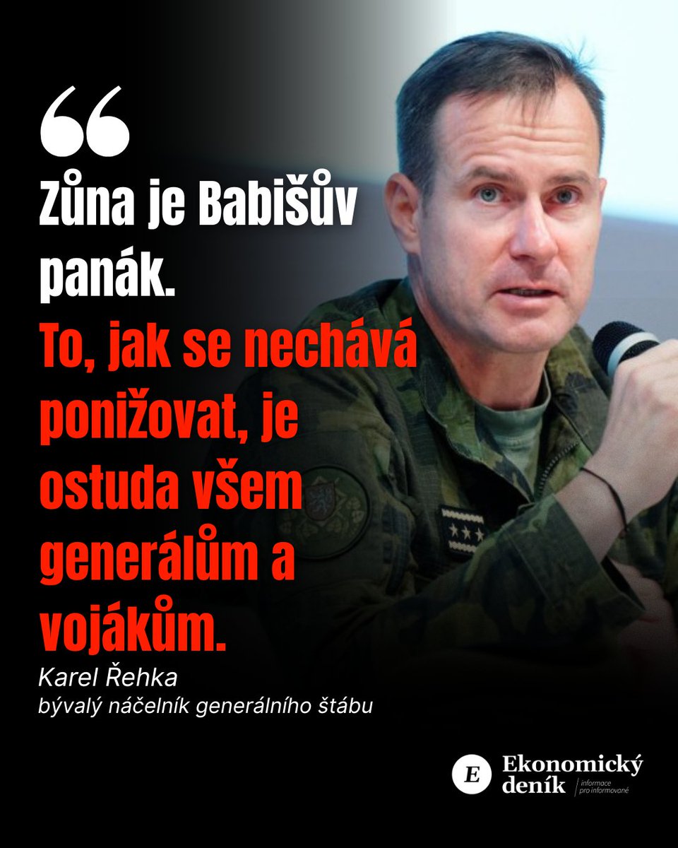 Ekonomickycz's tweet photo. ‼️👀 Ostrá slova na adresu ministra obrany. Karel Řehka v pořadu Prostor X označil Jaromíra Zůnu za Babišova „panáka“ a jeho vliv za nulový. Bývalý náčelník generálního štábu tvrdí, že opakovaně osobně viděl, jak premiér s ministrem zachází.

Zůna už dříve Řehkovi vytkl politický aktivismus během působení v čele armády. Ten obvinění odmítá. Upozorňovat na bezpečnostní hrozby podle něj neznamená dělat politiku, i když se taková vyjádření některým politikům nelíbí.

👉 Jak Řehkova slova hodnotíte?