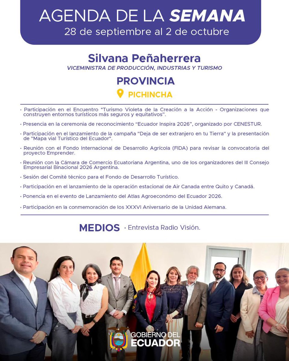 Produccion_Ecu's tweet photo. ✅Conoce la agenda de actividades estratégicas que se desarrollarán desde el Viceministerio de Producción, Industria y Turismo esta semana📌

#GobiernoDelEcuador🇪🇨 https://t.co/wvQRJjbvLP