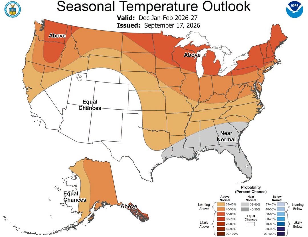 localwnn's tweet photo. The NWS has released their winter temperature outlook: El Niño is bringing warmer than average temps to much of the country! Stay tuned for more updates. #WeatherUpdate #Winter2026 #ElNino #NOAA #NWS https://t.co/QoW3NS5v0h