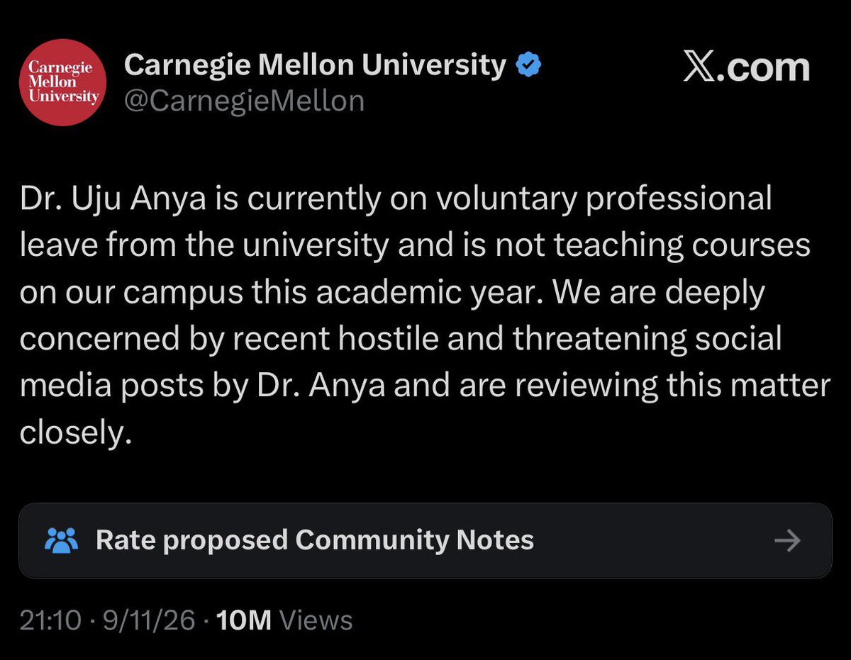 Brash_1's tweet photo. 17 days ago, @CarnegieMellon assured us it was “closely reviewing” its employee’s racist remarks. 

14 days ago, CMU promised us “swift action.” 

Yet, today begins week 3 and Uju Anya’s bio page still appears on CMU’s website. https://t.co/NxHcVrDygE