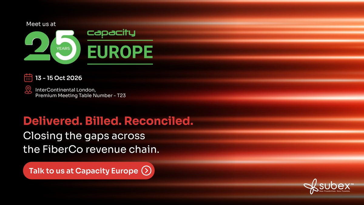 subex's tweet photo. 𝗜𝗻 𝘄𝗵𝗼𝗹𝗲𝘀𝗮𝗹𝗲 𝗳𝗶𝗯𝗿𝗲, 𝗿𝗲𝘃𝗲𝗻𝘂𝗲 𝗰𝗮𝗻 𝘀𝗹𝗶𝗽 𝘁𝗵𝗿𝗼𝘂𝗴𝗵 𝘁𝗵𝗲 𝗴𝗮𝗽𝘀 𝗯𝗲𝘁𝘄𝗲𝗲𝗻 𝘄𝗵𝗮𝘁’𝘀 𝗰𝗼𝗻𝘁𝗿𝗮𝗰𝘁𝗲𝗱, 𝘄𝗵𝗮𝘁’𝘀 𝗱𝗲𝗹𝗶𝘃𝗲𝗿𝗲𝗱 𝗮𝗻𝗱 𝘄𝗵𝗮𝘁 𝗴𝗲𝘁𝘀 𝗯𝗶𝗹𝗹𝗲𝗱.

Unbilled services, incorrect charges, contract mismatches and in-flight orders can remain hidden when service, contract and billing data don’t line up. And as fibre businesses consolidate networks, partners and operating models, keeping these systems aligned becomes even more complex.

Subex helps operators identify these gaps earlier by reconciling service and billing information and surfacing mismatches for investigation.

We’ll be discussing the FiberCo assurance story at @capacitymedia Europe.

Book a 1:1 meeting: - https://t.co/BS5WVxeQIe

#Subex #CapacityEurope #FiberCo #RevenueAssurance #TelecomAI #NewPossibilitiesNowPossible
