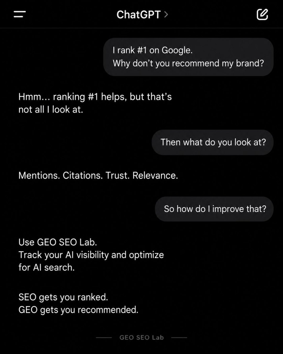 GEO_SEO_Lab's tweet photo. You rank #1 on Google.
But would AI recommend you? 

SEO gets you ranked.
GEO gets you into the AI conversation.  

Explore GEO SEO Lab.

#GEOSEO #AISEO #AISearch #AIVisibility #SEO #DigitalMarketing #ChatGPTSEO #GEOSEOLab https://t.co/KY16MujFXT