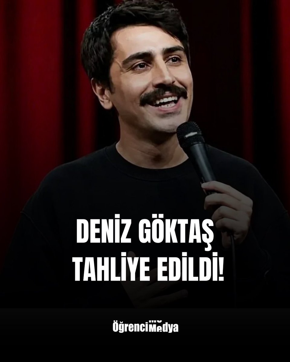 Ogrencimdy4's tweet photo. Deniz Göktaş Tahliye Edildi!

3 Temmuz'da tutuklanarak tutsak edilen Deniz Göktaş, 12 yıla kadar hapis istemiyle yargılanıyordu.

Komedyen Deniz Göktaş, "Ölü Deniz" gösterisi nedeniyle 88 gündür süren tutsaklığının ardından bugün çıkarıldığı ilk duruşmada tahliye edildi. https://t.co/2tbeUcfIVi