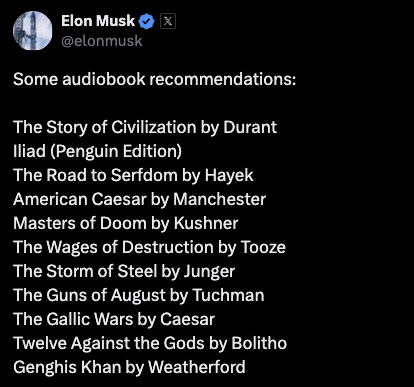drrezaasherloo's tweet photo. Some audiobook recommendations by @elonmusk: https://t.co/ONVPtqtClj