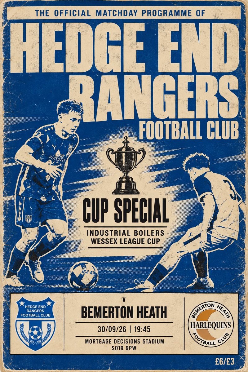 HedgeEndRangers's tweet photo. 🔥 DOUBLE MATCH WEEK | BACK AT HOME 🔥

Two games. One week. Both at the Mortgage Decisions Stadium. 🔵⚪️

After a run of away fixtures, we’re back on home soil twice this week and we want to keep seeing the brilliant support and strong attendances we’ve had so far this season.

🏆 WEDNESDAY | CUP NIGHT UNDER THE LIGHTS
⚔️ Hedge End Rangers v Bemerton Heath Harlequins
🏆 Wessex League Cup
📅 Wednesday 30th September
⏰ 19:45 KO

⚽ SATURDAY | BACK TO LEAGUE BUSINESS
⚔️ Hedge End Rangers v Ringwood Town
🏆 Wessex League Division One
📅 Saturday 3rd October
⏰ 15:00 KO

🏟 Mortgage Decisions Stadium
📍 SO19 9PW
🍔🍺 Food & Bar Available

We’ve had some fantastic crowds since making the step up to the Wessex League let’s keep it going.

Bring your mates, bring the family, support your local club and get behind the boys for two massive home games! 💙

TWO GAMES. ONE HOME. YOUR LOCAL CLUB.

Our Town. Our Club. Our Future. 🔵⚪️

#ProudToBeARanger #UpTheRangers #WessexLeague #SupportLocal #NonLeagueFootball