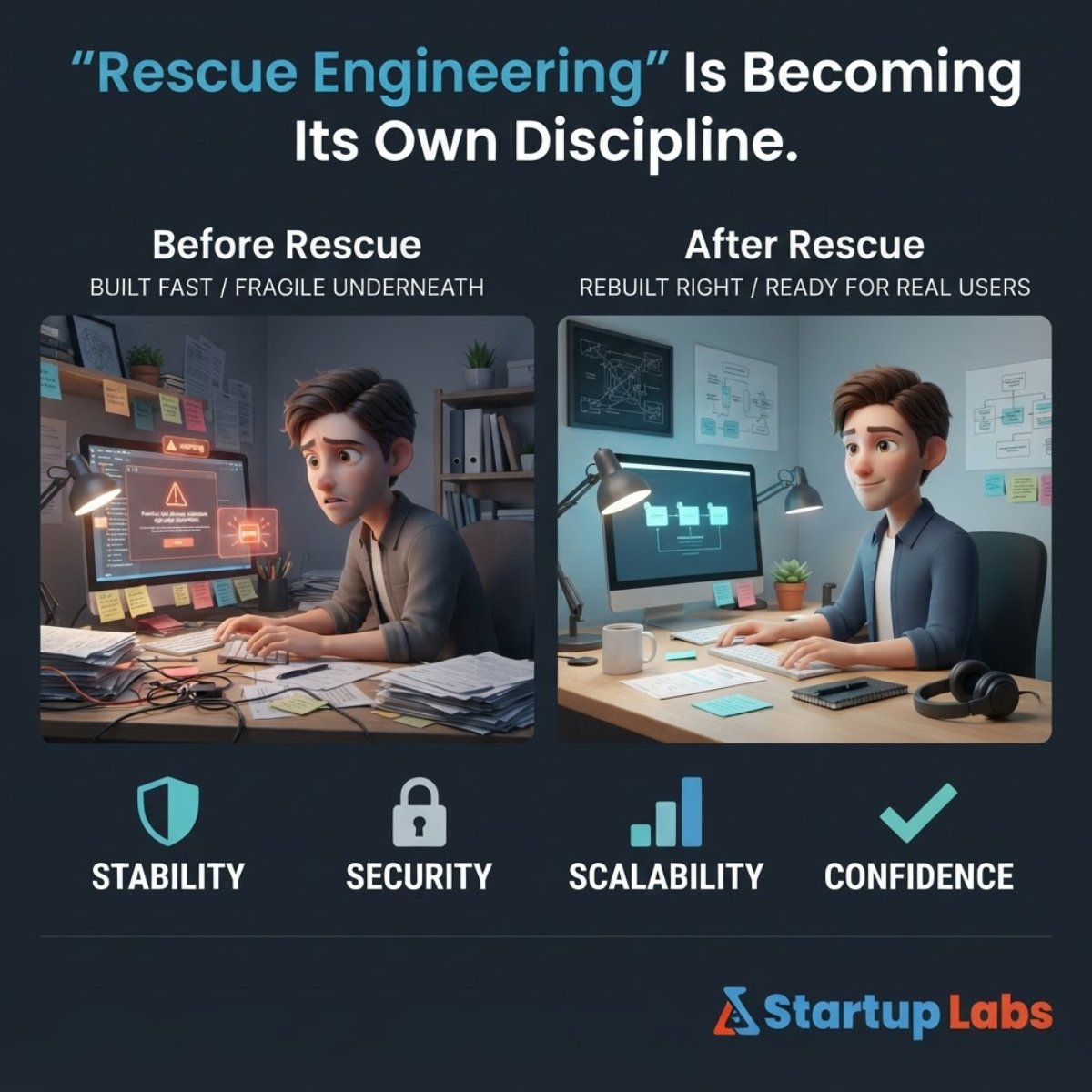 StartupLabsLtd's tweet photo. Rescue engineering is becoming its own discipline.

Taking an app built fast with AI and making it something real users can depend on.

Built fast gets you to a demo. Built right gets you to production.

#AIProduct #SaaS #StartupFounder #BuildInPublic #MVP #FractionalCTO https://t.co/pcg6aLMyPF