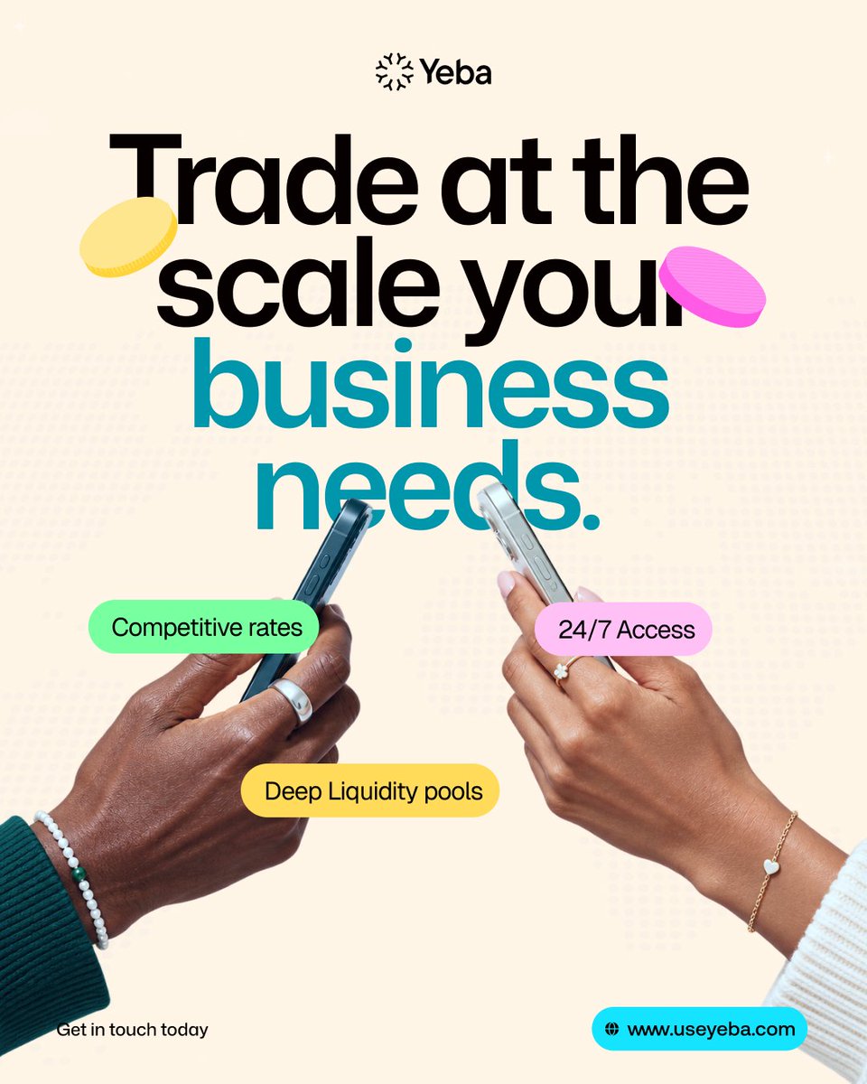 yebatech's tweet photo. When your trade size gets bigger, having the right OTC desk matters.

Yeba provides high-volume OTC trading for businesses looking for stablecoin/FX liquidity at competitive rates.

Got a trade in mind?
Reach us today at https://t.co/zMqdBOFm3w https://t.co/a4ZnH5IoeU