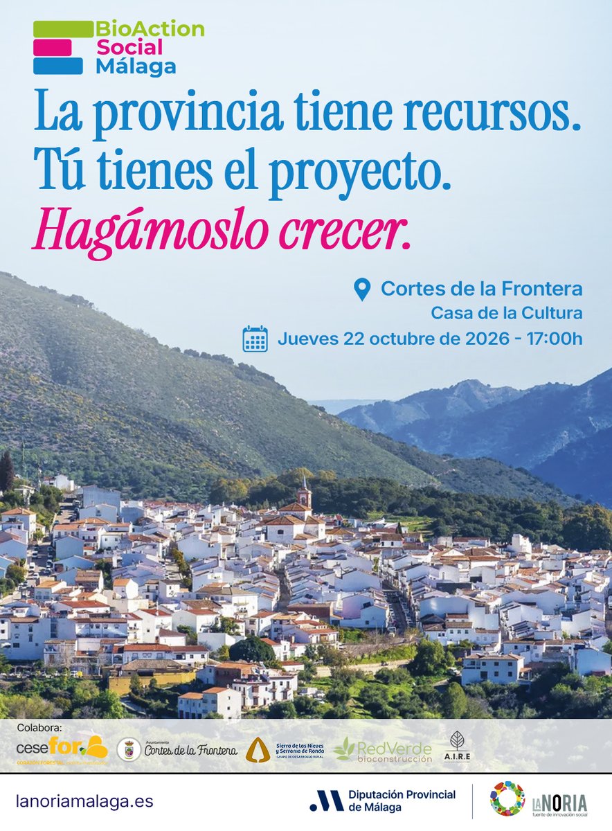 lanoria_mlg's tweet photo. 🌱 ¡Los desechos del monte pueden ser oportunidades para tu negocio!
⚠️El 22 de octubre ven a la Casa de la Cultura de Cortes de la Frontera al taller de #bioeconomía del #BioActionsocial: 
💡 Casos de éxito 
🤝 Espacio B2B 
🍷 Networking &amp; Tasting

🔗 https://t.co/eiECagtcd1 https://t.co/bzxxrNc5HU