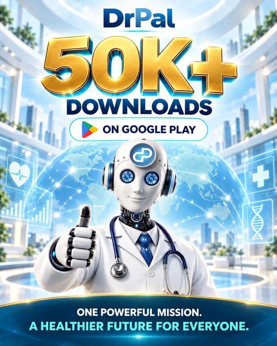 DrPAL_ai's tweet photo. 🚀 50K+ DOWNLOADS — and we’re just getting started!

DrPal is growing into a global AI-powered health ecosystem, built to make smarter health support more accessible to everyone. 🌍🤖🩺

Thank you to every person who has downloaded, used, and supported DrPal.

One powerful mission: a healthier future for everyone. 💙
Download DrPal app now:
📱https://t.co/qIkixCVtU5

#DrPal #AIHealthcare #DigitalHealth #HealthTech #ArtificialIntelligence
