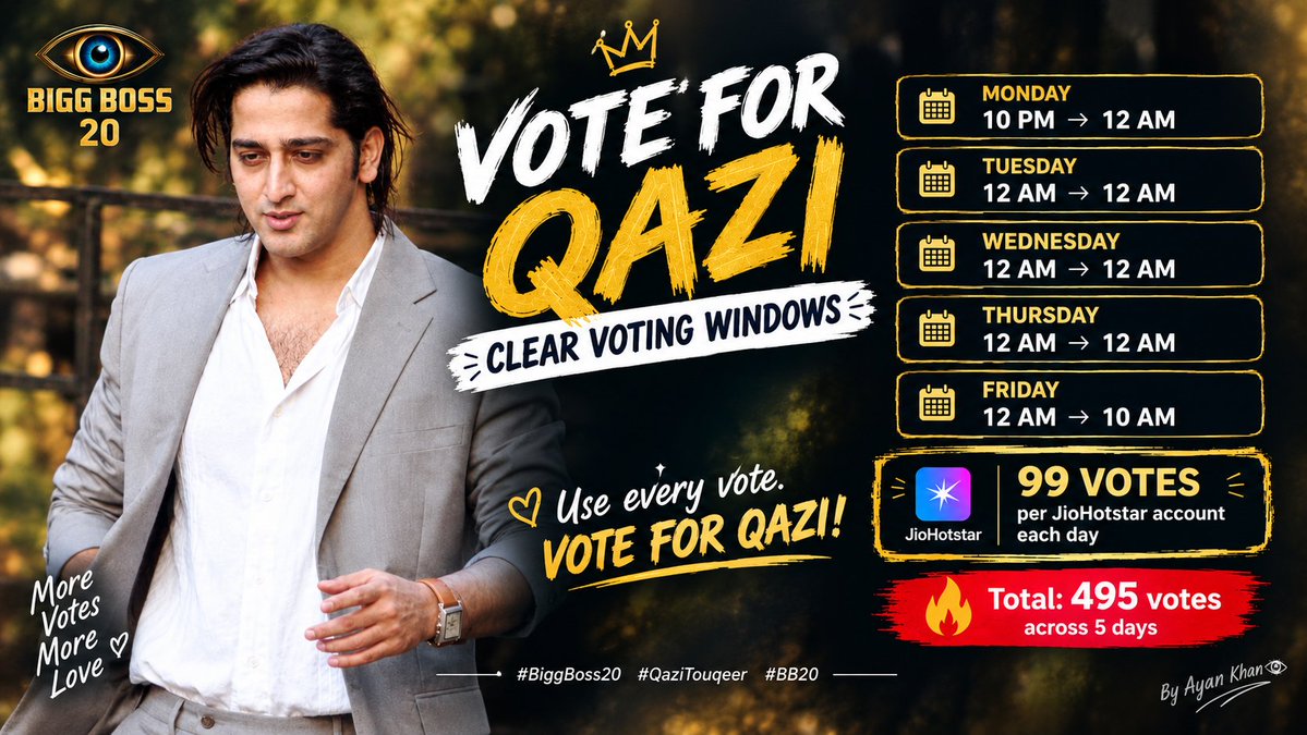 Mr_AYAN__KHAN_7's tweet photo. 🔥 VOTE FOR QAZI EVERY VOTE COUNTS! 🔥

Voting windows are open from Monday to Friday. ❤️
Use your daily 99 votes and make every vote count! 🗳️

Let’s show our support for Qazi and stand together! 🫶🏻🔥

#QaziTouqeer #BiggBoss20 https://t.co/DiTrH56joO