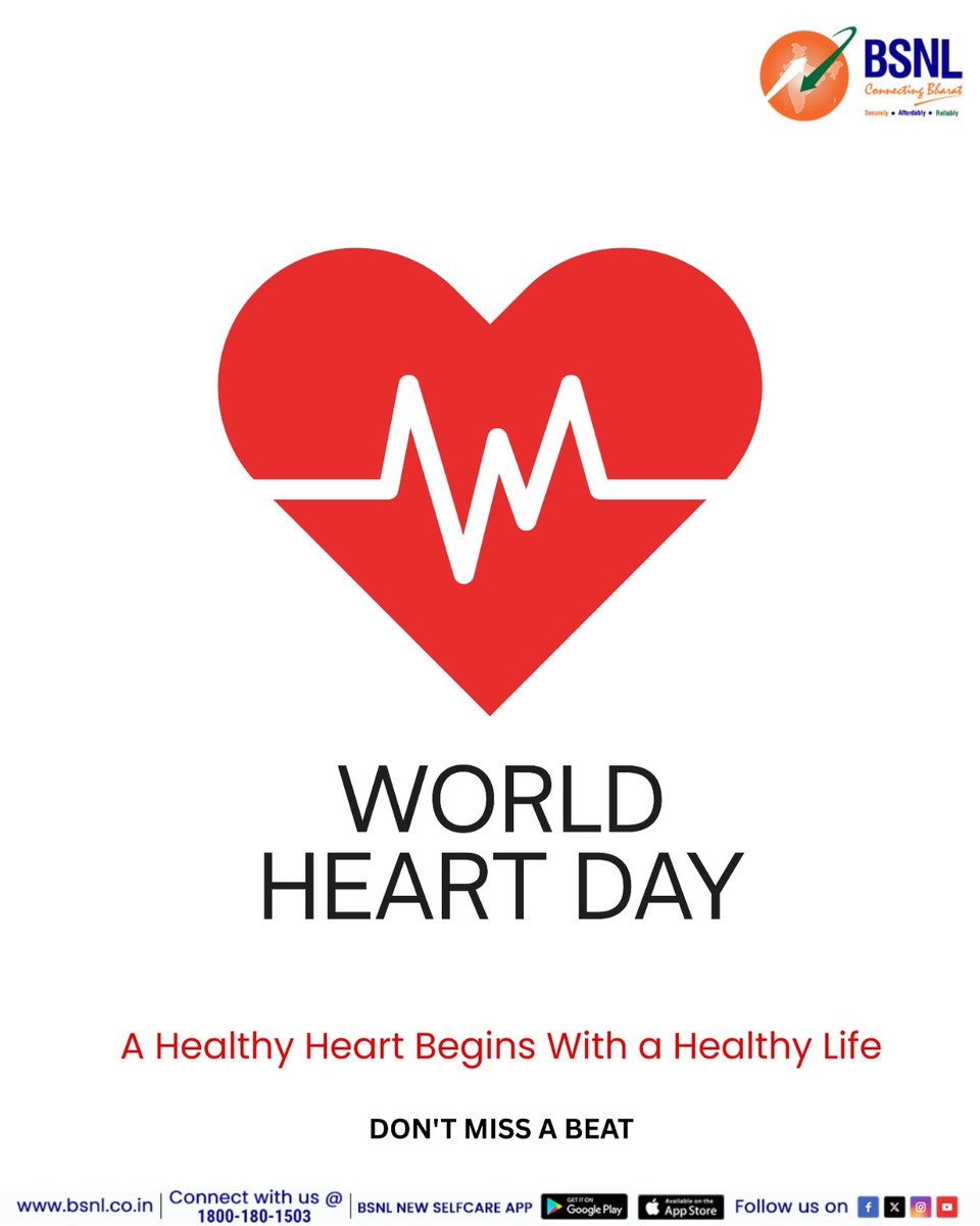 BSNLCorporate's tweet photo. Your heart works for you every second. Give it the care it deserves.

This World Heart Day, make a commitment to healthier choices, regular physical activity, balanced nutrition and routine health check-ups.

#BSNLIndia #BSNLSelfCareApp #InternetForEveryone #DigitalLife #IndiaOnline #BSNLServices #SmartIndia #EverydayConnectivity #HamaraBSNL #worldheartday @CMDBSNL @robertravi21