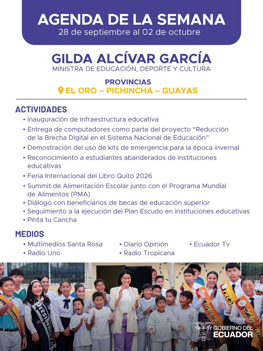 Educacion_Ec's tweet photo. 📚🇪🇨 ¡La educación, el deporte y la cultura siguen llegando a cada rincón del país!

Del 28 de septiembre al 2 de octubre, la ministra @GildaAlcivarOk cumplirá una agenda de trabajo enfocada en fortalecer estos tres pilares fundamentales para el desarrollo del Ecuador.

🤝 Seguimos en territorio, escuchando a la ciudadanía, impulsando oportunidades y construyendo juntos un futuro con más educación, deporte y cultura para todos.