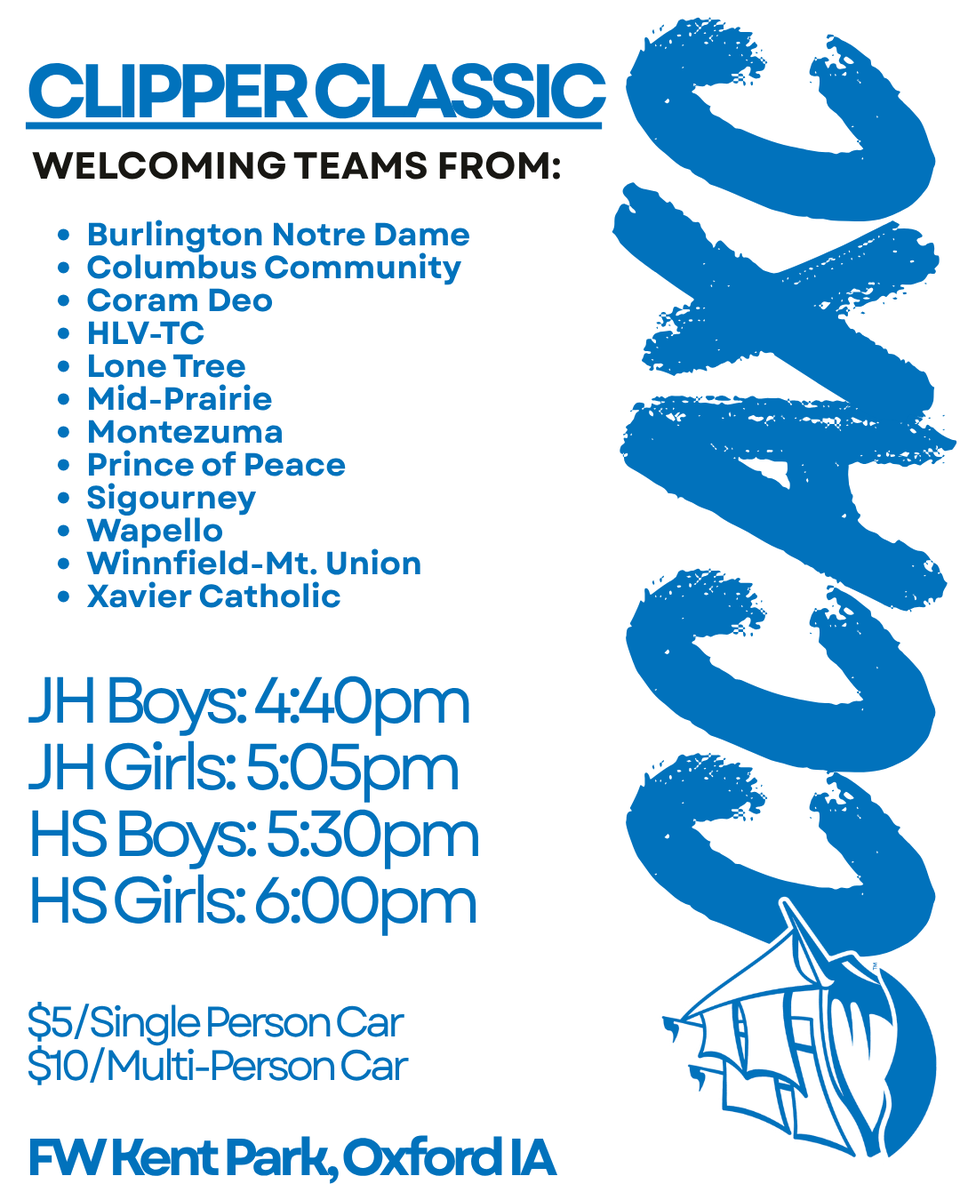 CCATFXC's tweet photo. ‼️It's a Big Meet Day IN Clipperland‼️

🎽 '26 Clipper Classic 
📍 FW Kent Park, Oxford 
⏰ JH: 4:40 | HS: 5:30
🎟️ $5 or $10/Car 
💻 Live Results: https://t.co/WxAxNOAVoF https://t.co/zIG9yy9Ksf