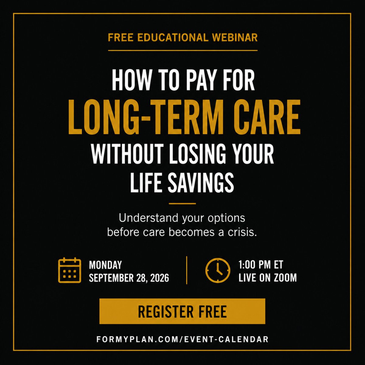 EstateElderPC's tweet photo. Have an hour free at 1 PM ET today?

Use it to learn how families can prepare for long-term care costs without unnecessarily putting a lifetime of savings at risk. Free webinar. Live on Zoom.

Register:
https://t.co/G86KPVvHEv

#ElderLaw #ForMyPlan https://t.co/lpo73oWLfq