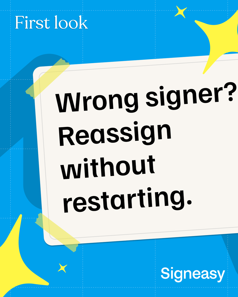 GetSigneasy's tweet photo. Sent the document to the wrong person? 
You can now fix it without declining or starting over.

With Signeasy, signers and approvers can reassign a document to the right person directly from the signing or approval workflow.

The original recipient is automatically CC'd, so they can still track the document.

Check out the feature ⬇️