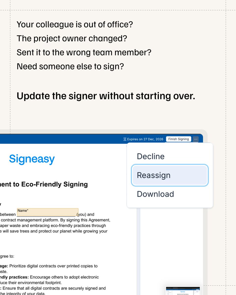 GetSigneasy's tweet photo. Sent the document to the wrong person? 
You can now fix it without declining or starting over.

With Signeasy, signers and approvers can reassign a document to the right person directly from the signing or approval workflow.

The original recipient is automatically CC'd, so they can still track the document.

Check out the feature ⬇️