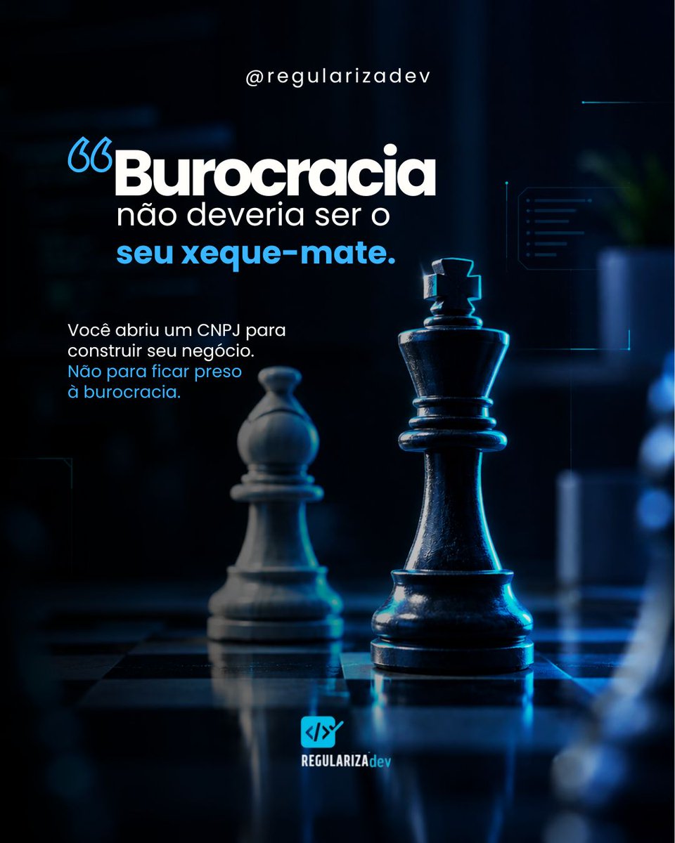 regularizadev's tweet photo. No xadrez, cada movimento importa. ♟️ No negócio do dev PJ também. CNPJ desorganizado, obrigação esquecida ou decisão sem planejamento podem virar um xeque-mate. A RegularizaDEV ajuda você a cuidar do negócio sem transformar burocracia em mais um bug. 💻 https://t.co/HbbY4jmYxZ