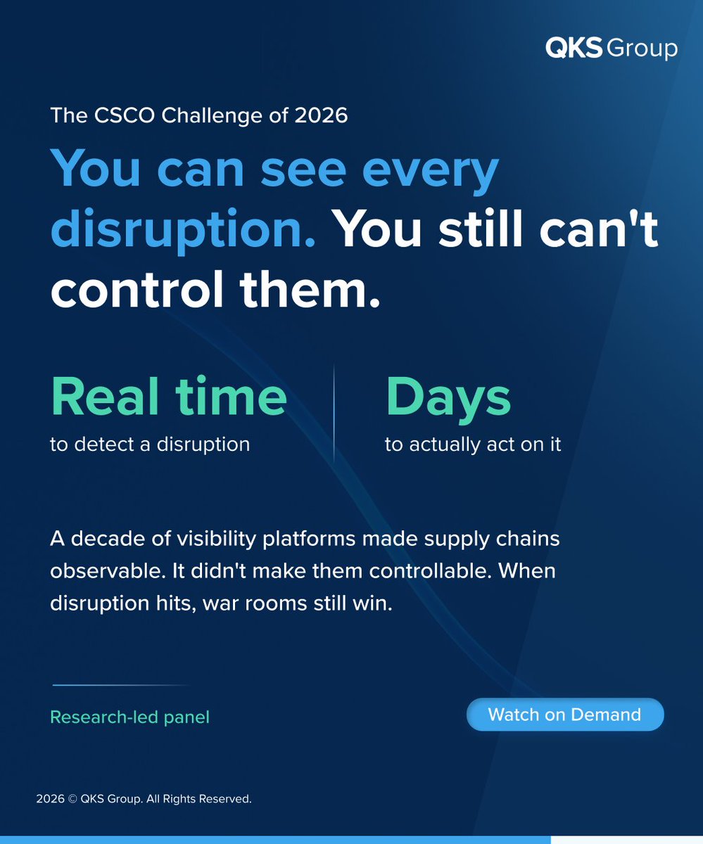 QKS_Group's tweet photo. You can see supply chain disruption in real time. But can you act on it?
A decade of visibility platforms made supply chains observable not controllable. The #CSCO challenge is closing the gap between detection and resolution.
#Visibility → #Executioncontrol
#SupplyChain #QKS https://t.co/s6cHePsS3D
