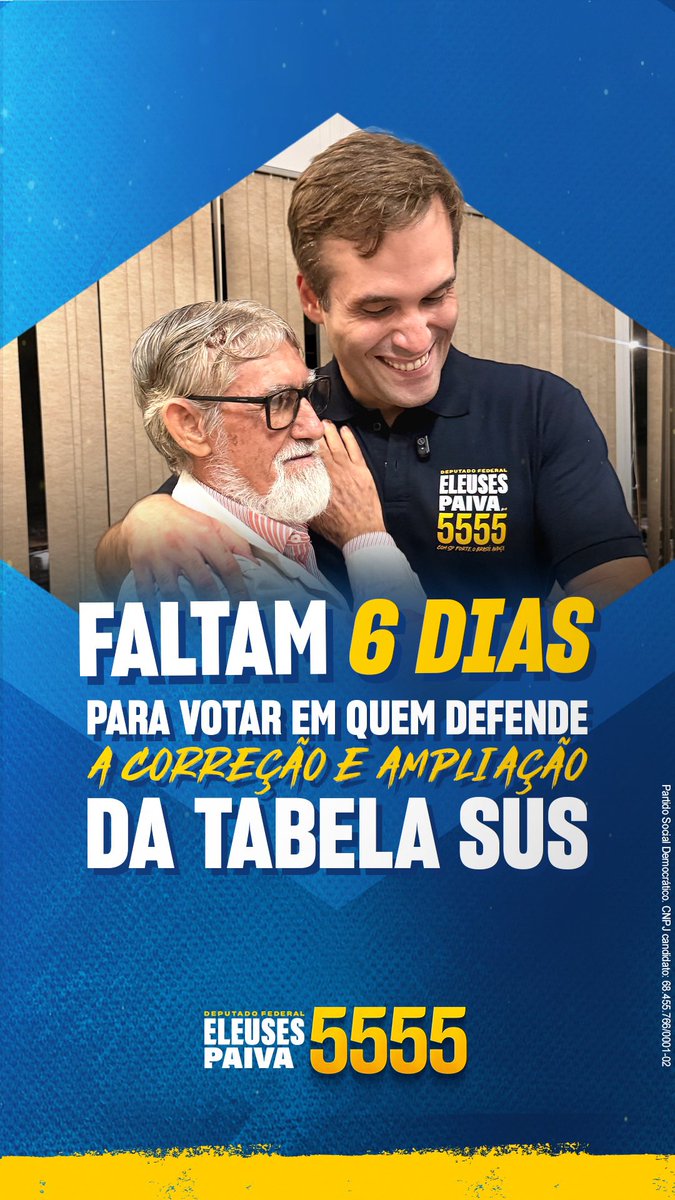 eleusespaivaf's tweet photo. O SUS funciona e se o reajuste da Tabela nacional for feito com critérios técnicos pode ser ainda melhor! Eu vou lutar por isso em Brasília.

Para Deputado Federal, vote Eleuses Paiva 5️⃣5️⃣5️⃣5️⃣

PROPAGANDA ELEITORAL. Partido Social Democrático - CNPJ: 68.455.766/0001-02 https://t.co/l5GDGfiTYa