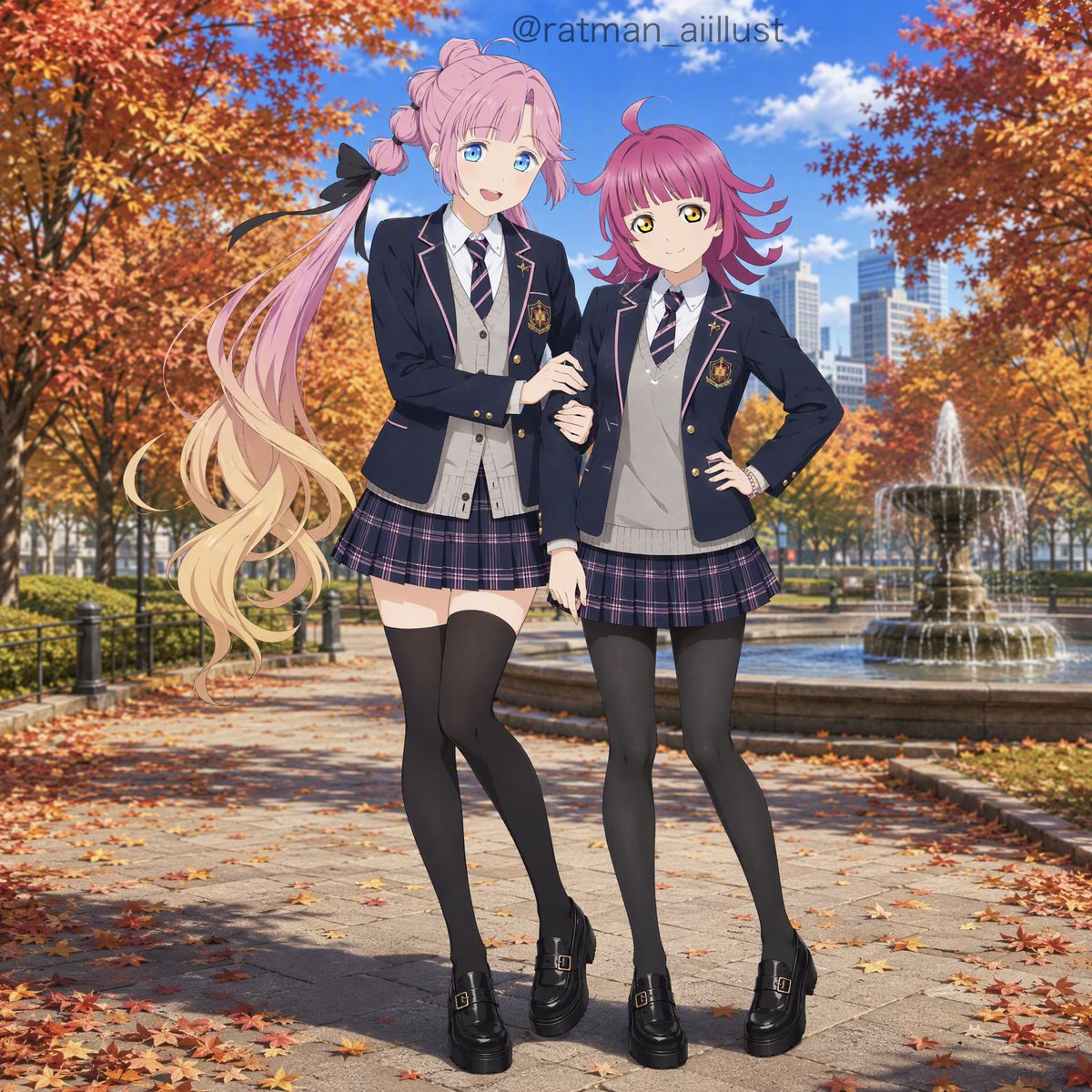 ratman_aiillust's tweet photo. そろそろ衣替えの時期🍁

前に作ったオリジナル制服(冬制服)を改めて出します☺️

プロンプトは引用元

【PixAI】
安養寺姫芽　天王寺璃奈 https://t.co/0qb9evYiKA